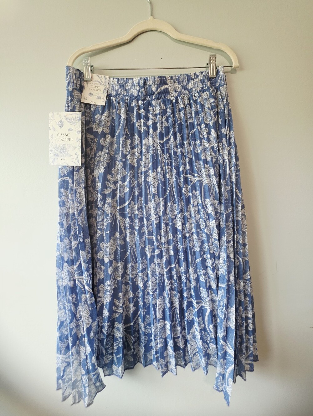 Pleated Blue Floral Midi Skirt -